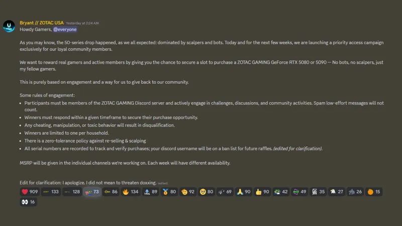 Zotac RTX 5000’i Discord Üzerinden Satacak