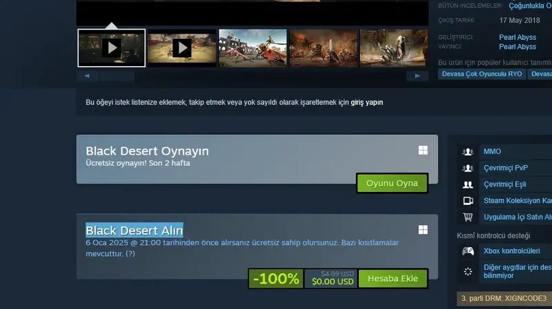 Black Desert Steam'de Sınırlı Süreyle Ücretsiz